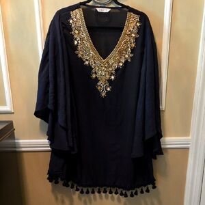 Coverup Metallic Gold Beaded Black Sheer Swim Coverup